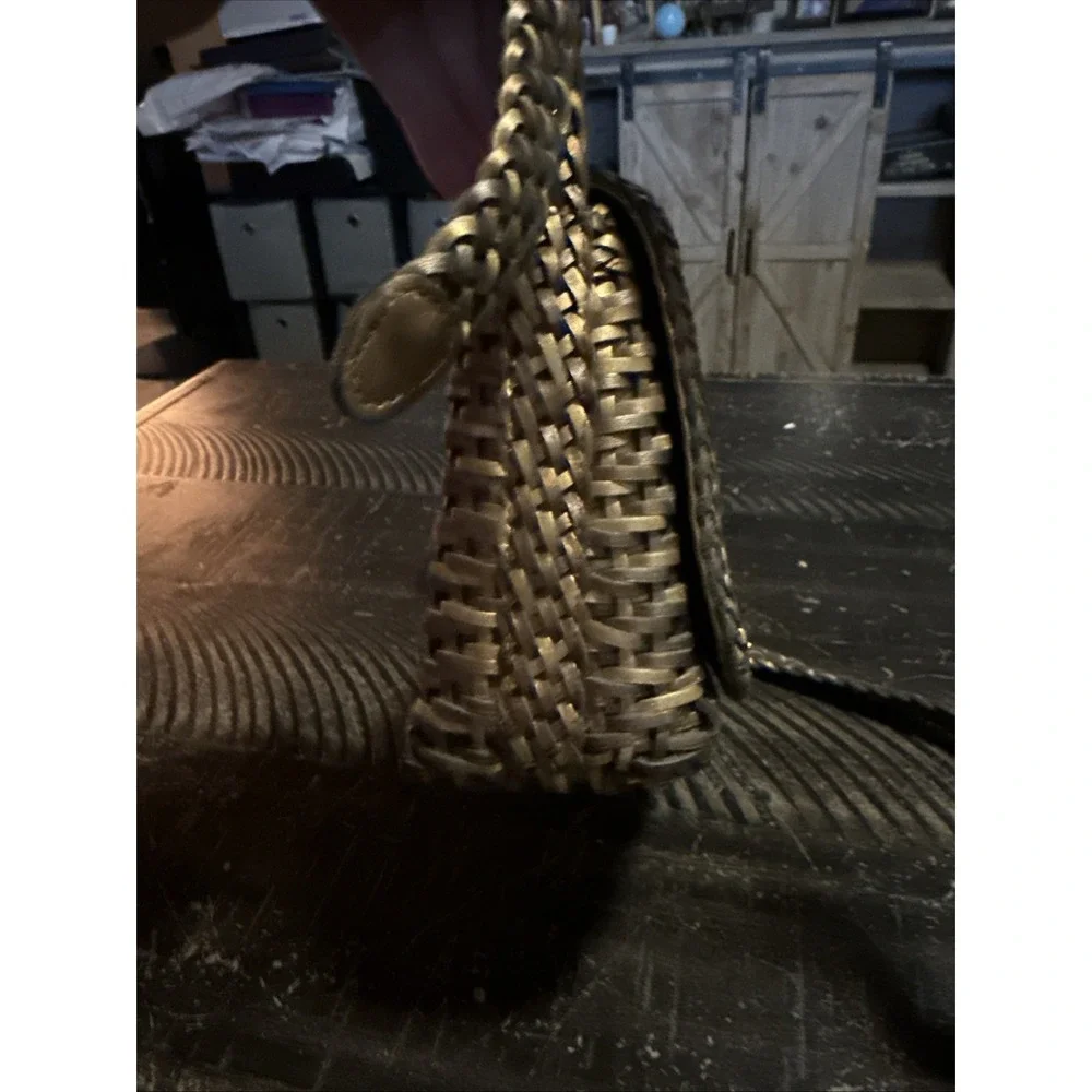 Vintage CEM Metallic Purse Woven Leather Crossbody Bag Gold Silver Bronze Brazil